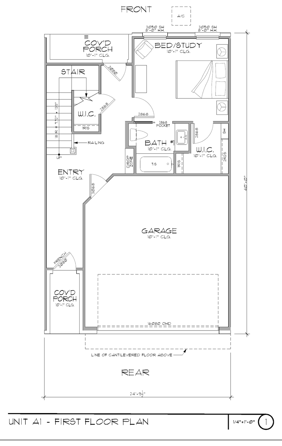 First floor plan: garage, entry, bedroom, bath and covered porches