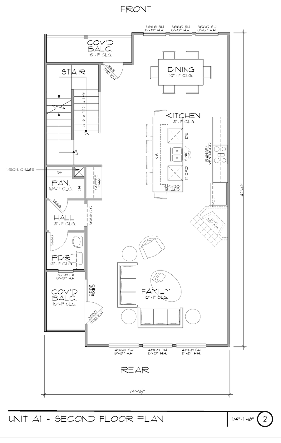 Second floor plan: kitchen, dining, family room, pantry, powder room and covered balconies